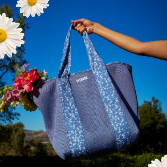 PINK Mesh Blue Floral Tote Bag - Picture 2 of 3